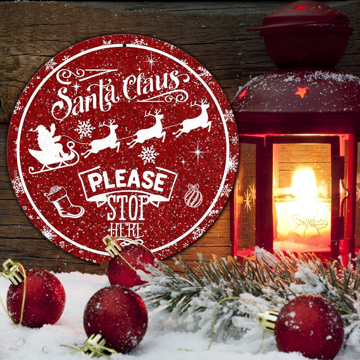 Round Metal Tin Sign - Santa Sleigh Reindeer Vintage Sign - Santa Claus Please Stop Here Sign for