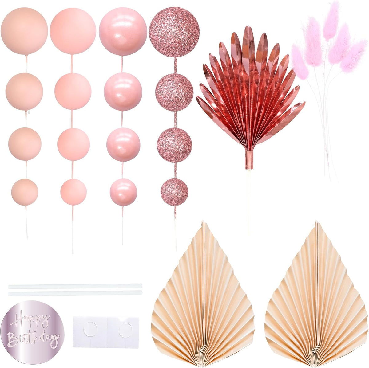 Ephlyn 33 Pack Balls Cake Toppers Boho Palm Leaves Cake Decorations Round Acrylic Happy Birthday