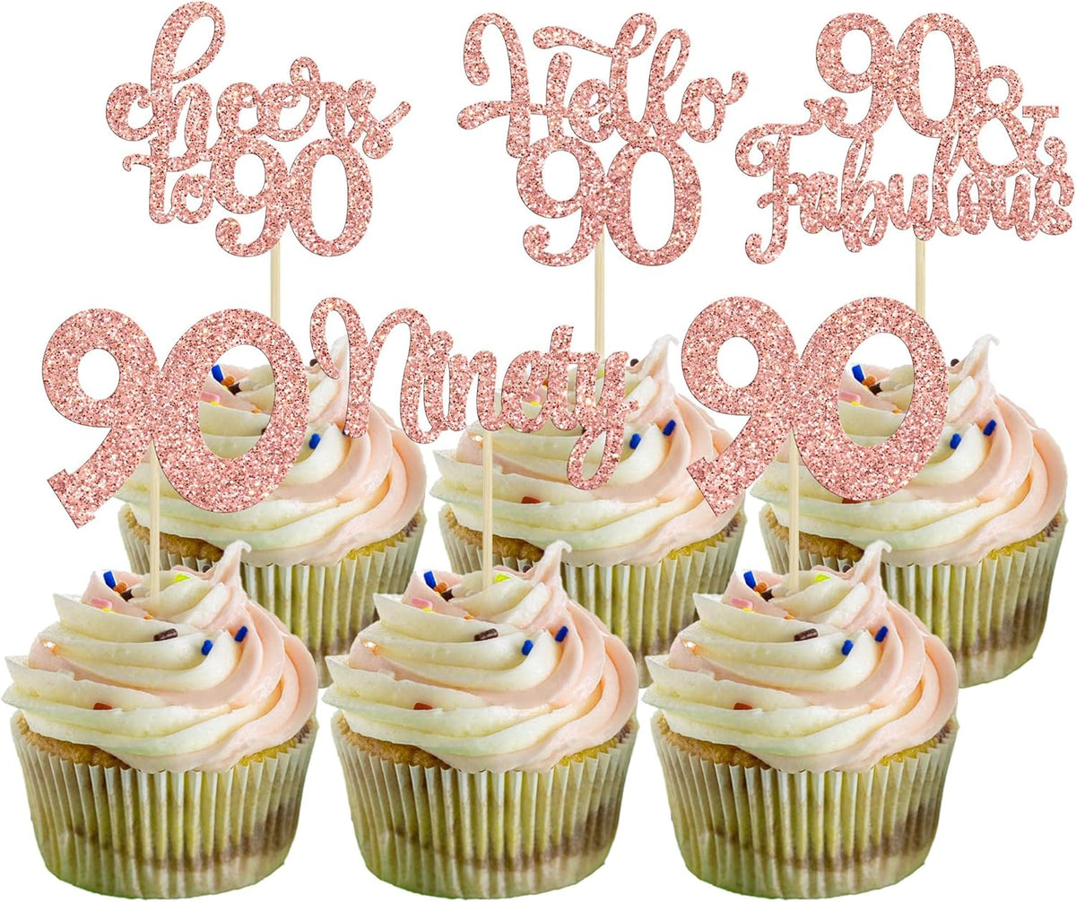 Gyufise 30pcs Happy 90th Birthday Cupcake Toppers - Rose Gold Glitter Ninety Cheers to 90 Years Old