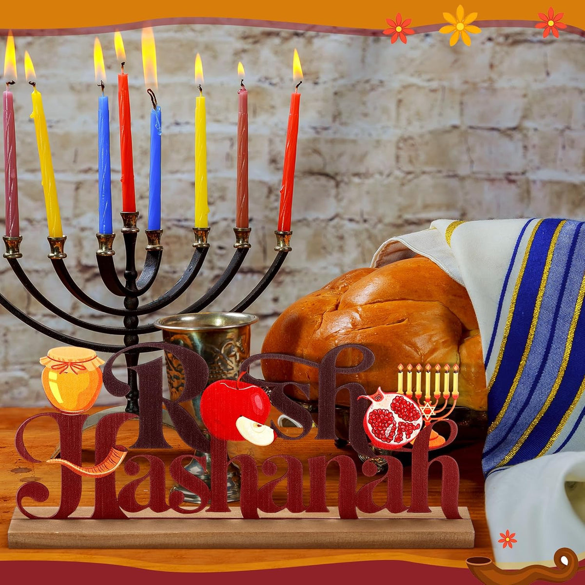 Rosh Hashanah Metal Sign Jewish New Year Table Centerpiece Tiered Tray Decor with Wooden Base Apple