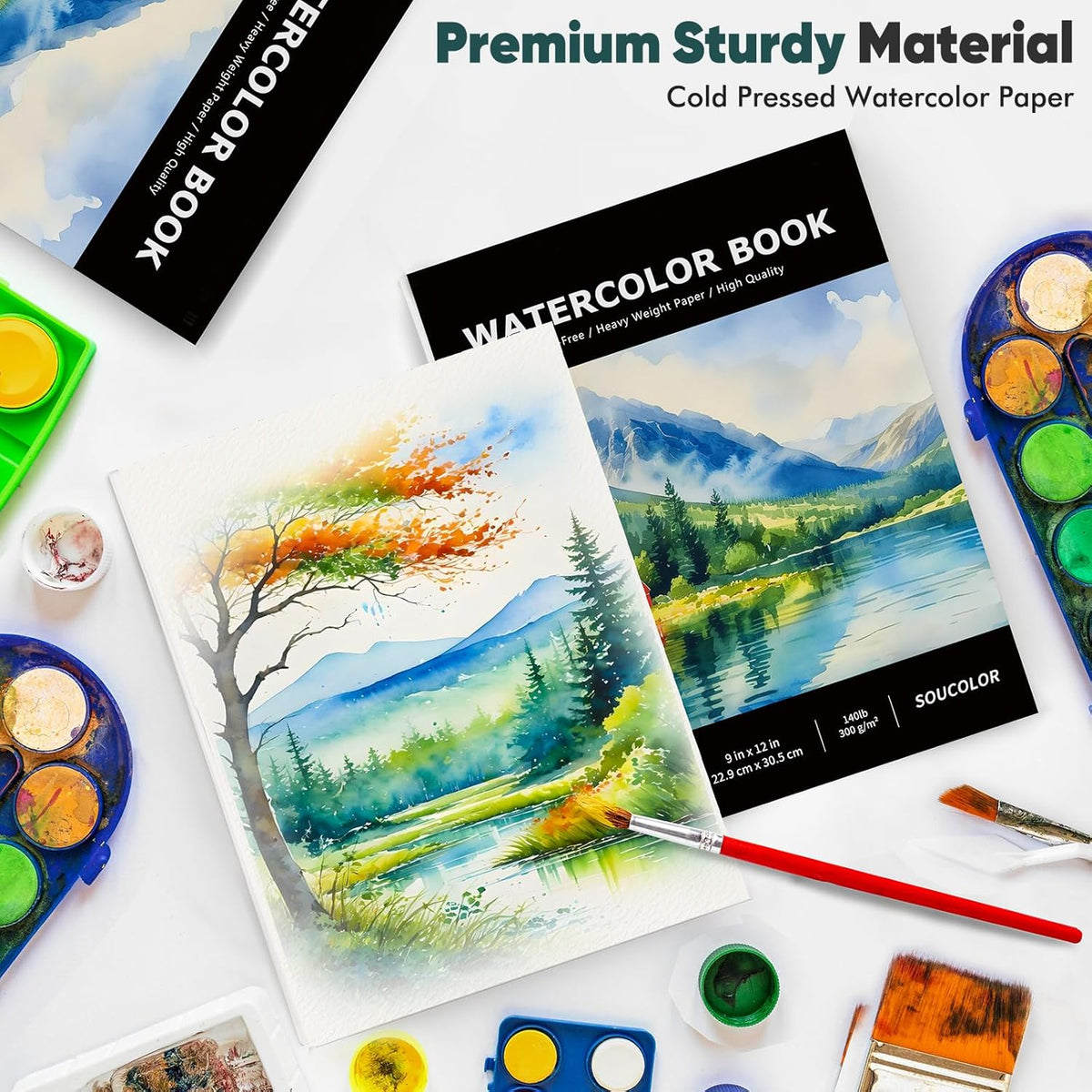 Soucolor Watercolor Paper Pad, 9"x12" Water Color Paper, 140lb/300gsm 40 Sheets Artist Painting