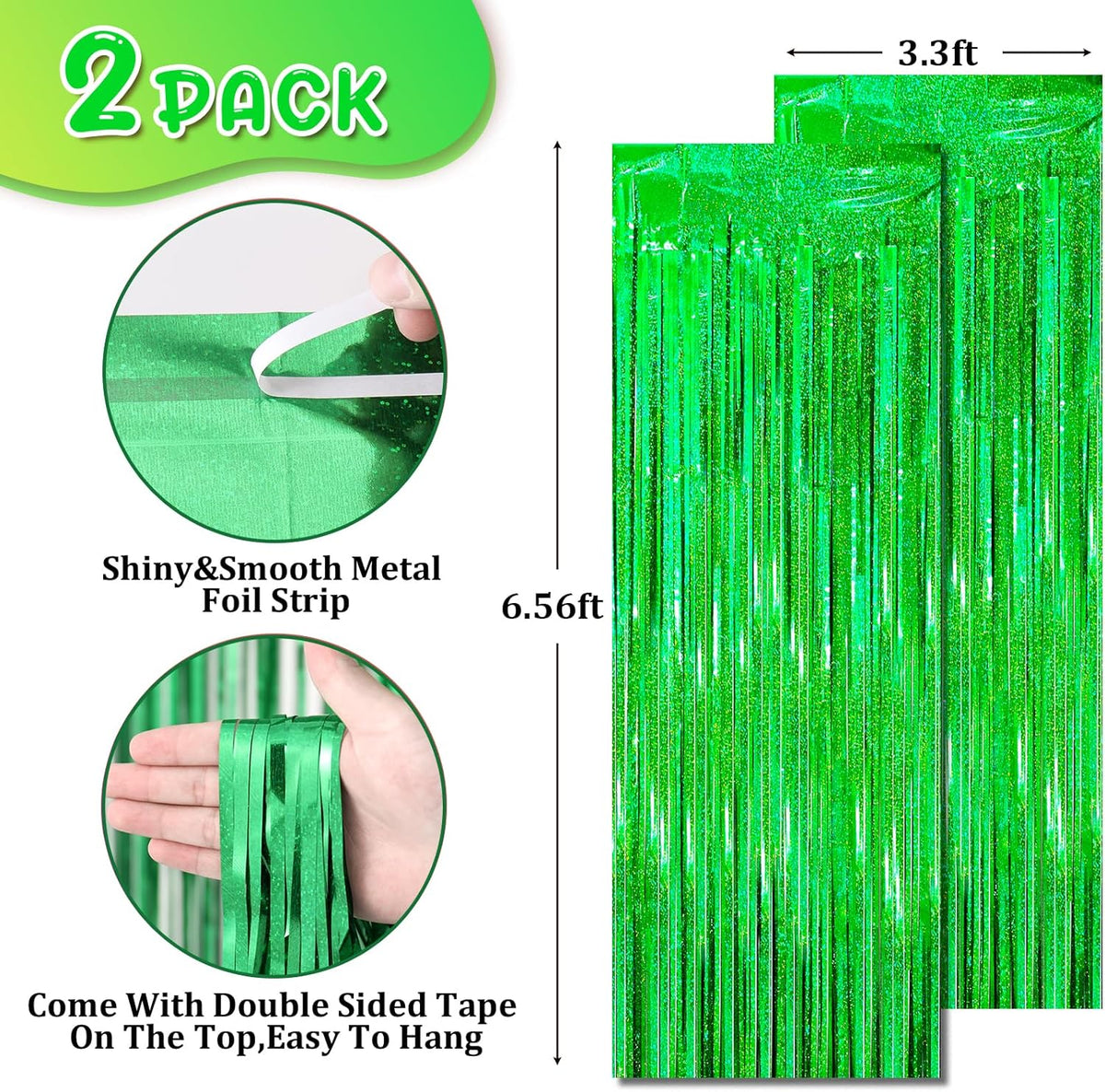 2 Pack Laser Green Tinsel Foil Fringe Curtains, Green Party Decorations, Metallic Tinsel Party