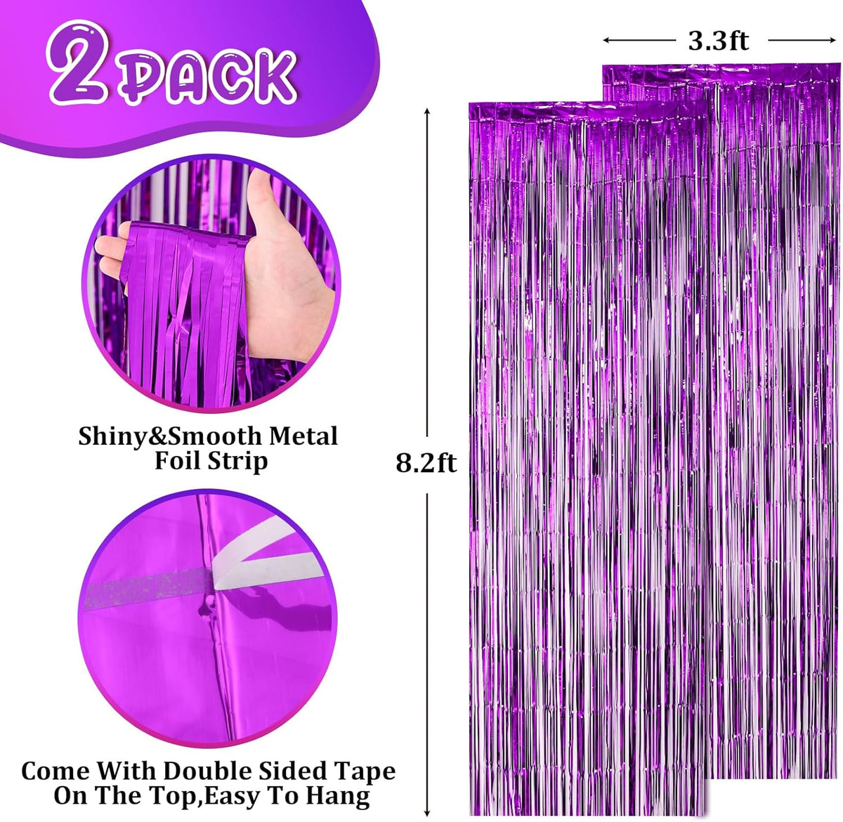 2 Pack Purple Foil Fringe Backdrop Curtains, Tinsel Streamers Birthday Party Decorations, Fringe
