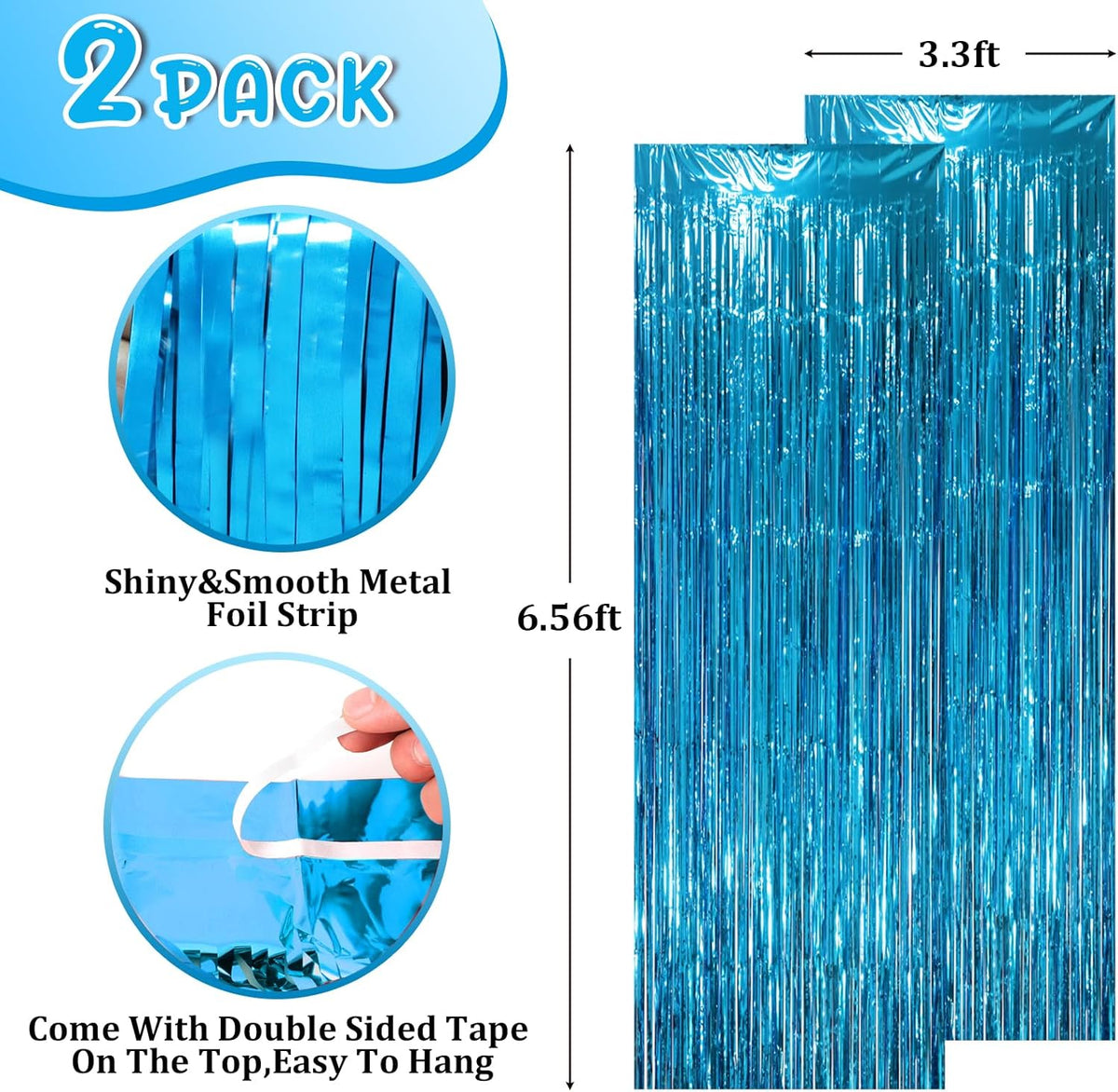 2 Pack Retro Blue Foil Fringe Backdrop Curtains, Tinsel Streamers Party Decorations, Fringe