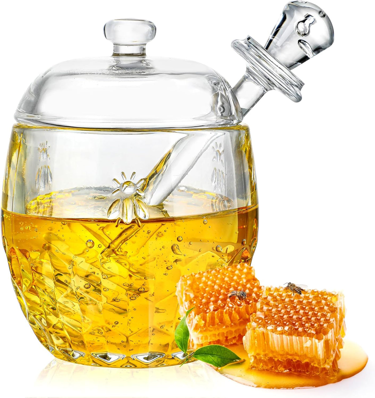 kanpura Honey Pot with Dipper and Lid Glass Honey Jar with Dipper Wide Mouth Honey Containers