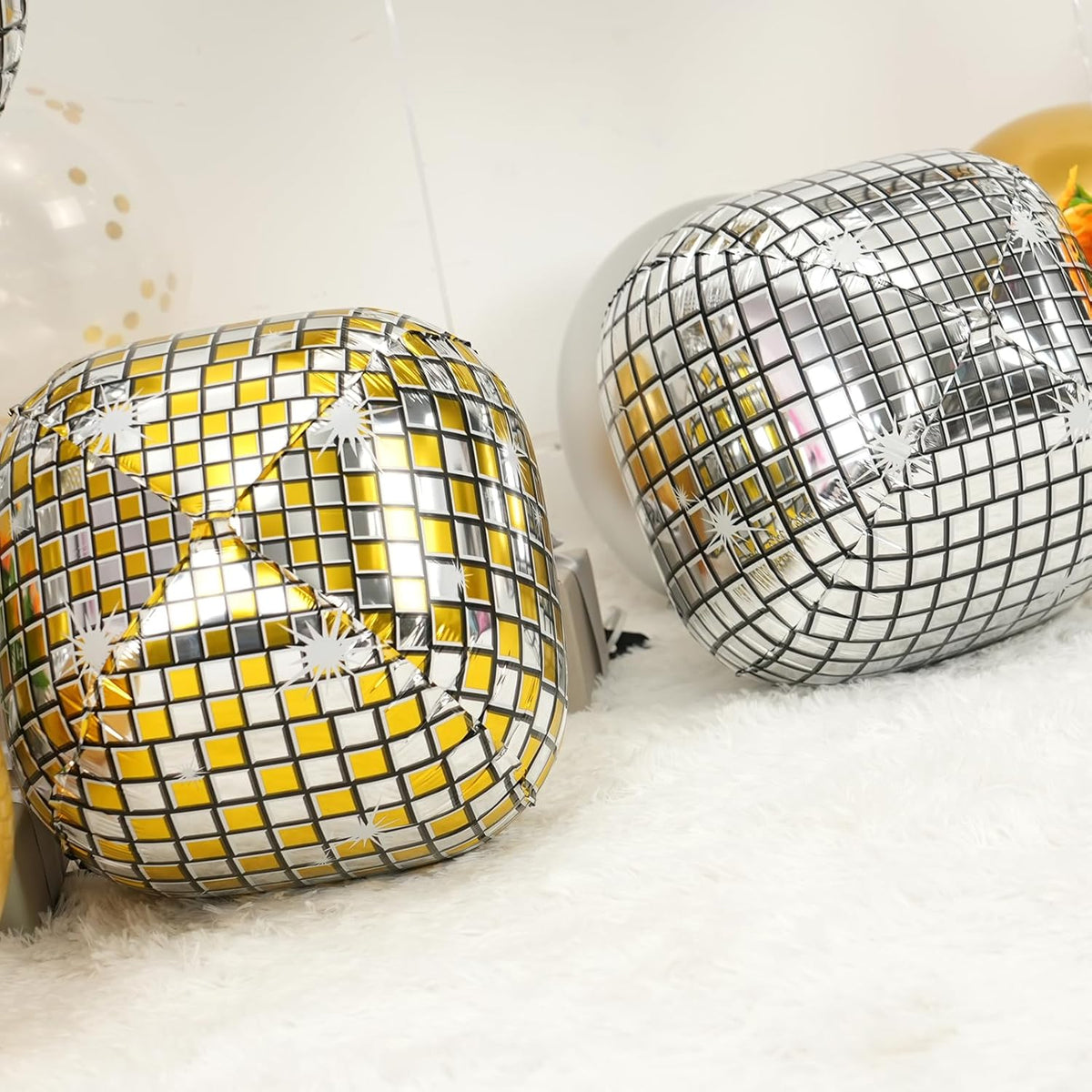 Disco Ball Balloons Gold Silve 4PC,Foil Disco Balloons 22 Inch 4D Round Metallic Gold Silver