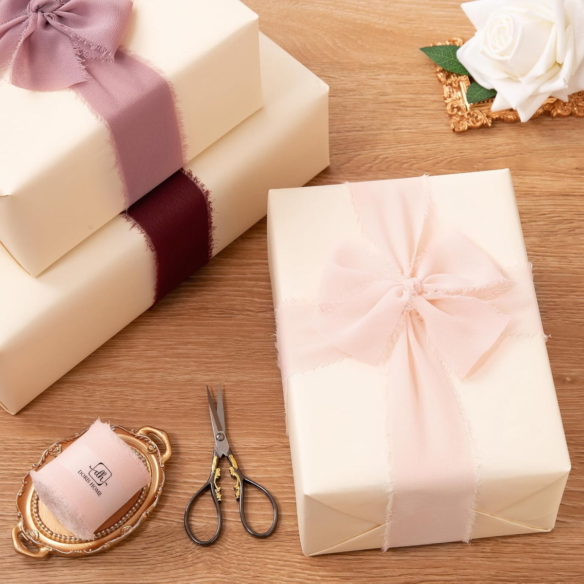DORIS HOME Pink Chiffon Ribbon for Flower Bouquet, 2" x21Yd Fabric Ribbon for Gift Wrapping