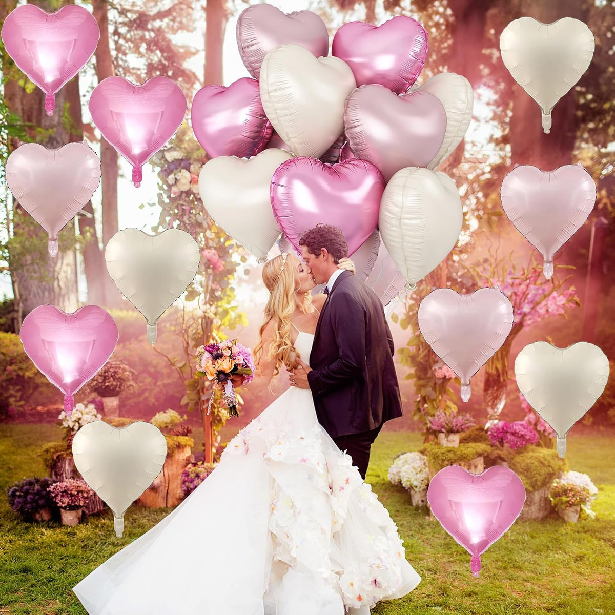 Pink White Heart Balloons, 12PCS Baby Pink Cream Heart Foil Balloons, Pastel Pink Light Pink White