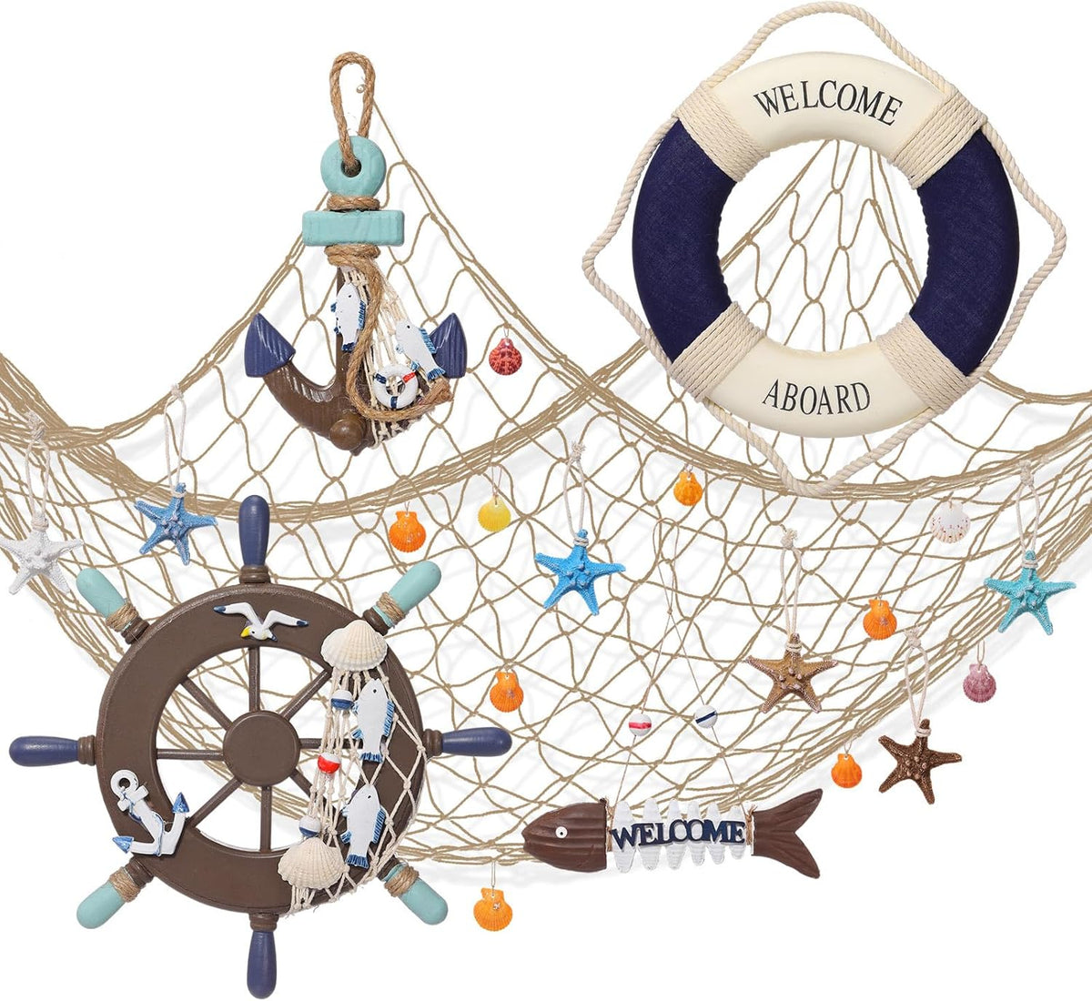 Marsui 11 Pcs Wooden Nautical Wall Decor Fishing Net Decoration, Include Decorative Fishing Net