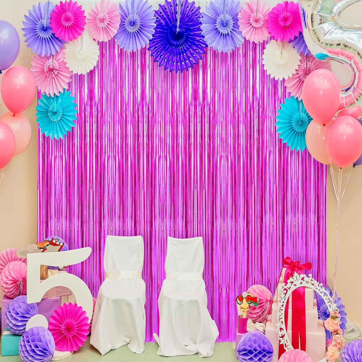 2 Pack Hot Pink Foil Fringe Curtains Streamers Party Decorations 3.3 x 8.2 ft, Tinsel Curtain