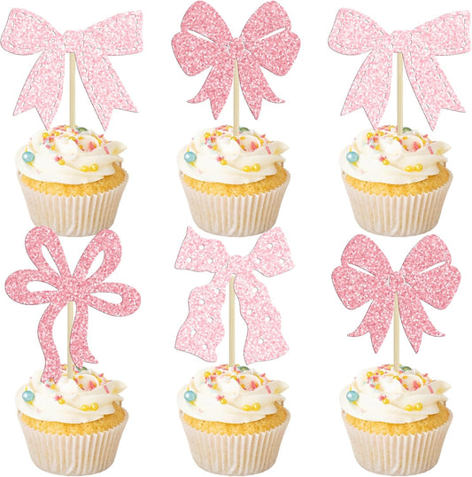 Ephlyn 24Pcs Pink Bow Cupcake Toppers Bow Birthday Cake Topper Girls Birthday Party Decorations
