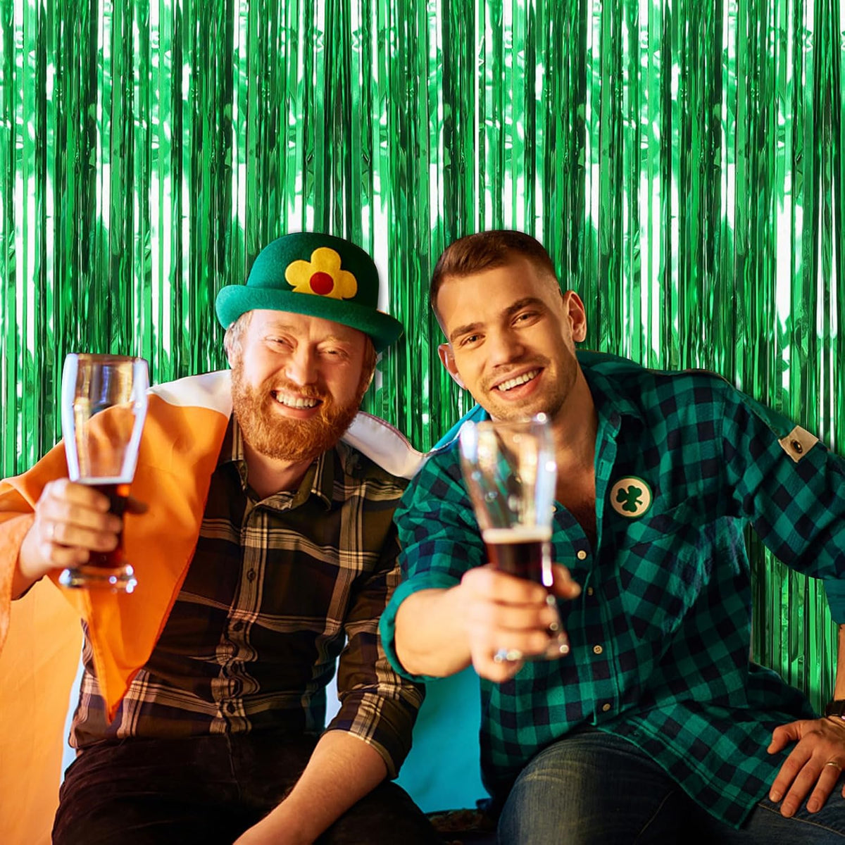 2 Pack Foil Curtain Backdrop Green Metallic Tinsel Foil Fringe Curtains Photo Booth Props for