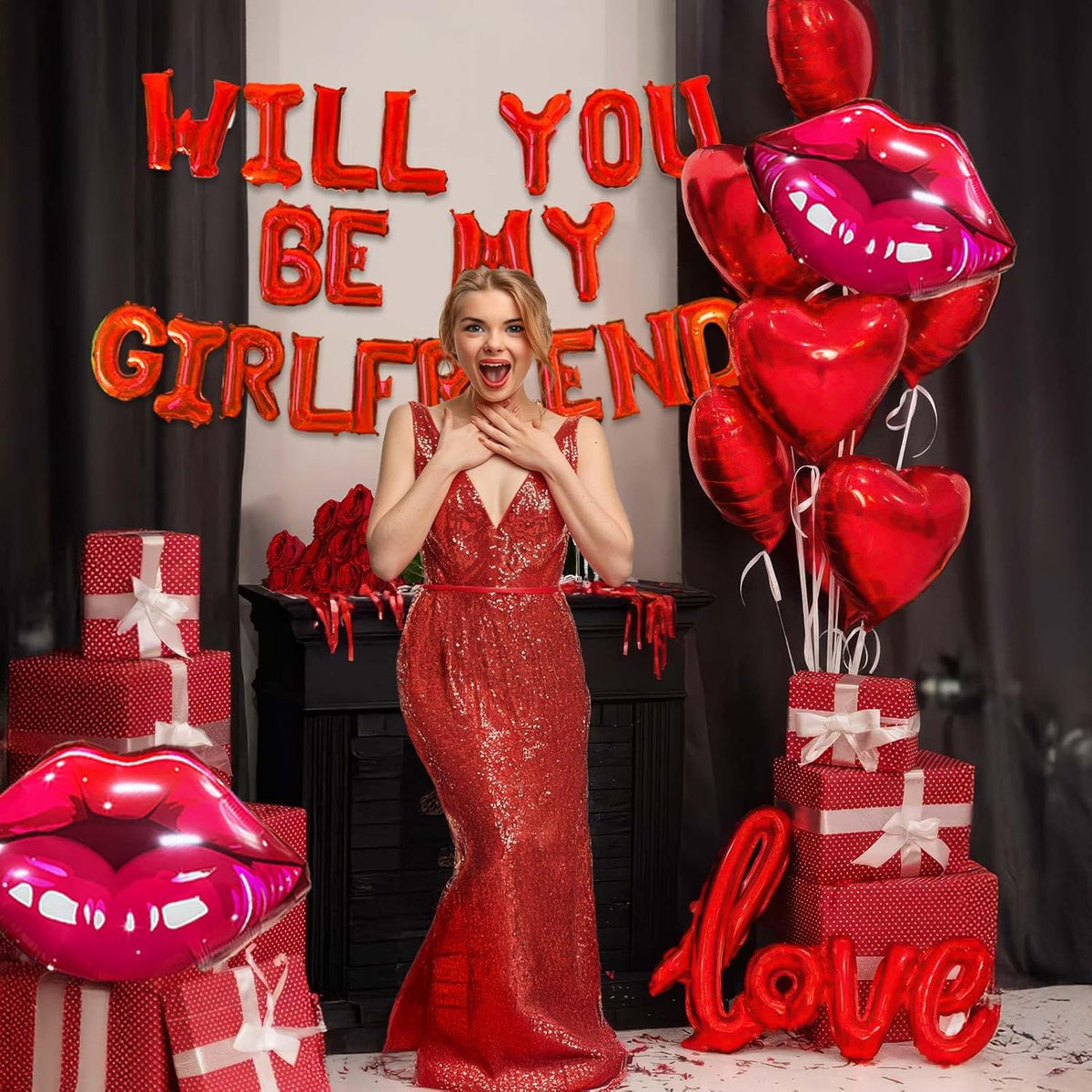16 Inches Red 'WILL YOU BE MY GIRLFRIEND' Confession Letter Balloons with Heart-Shape, lips, love