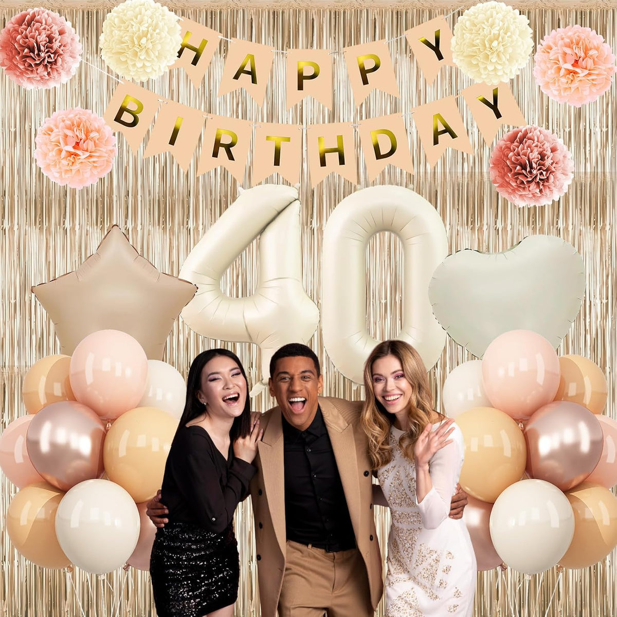 Beige 40th Birthday Decorations for Women Cream Number 40 Balloon Nude Gold Happy Birthday Banner