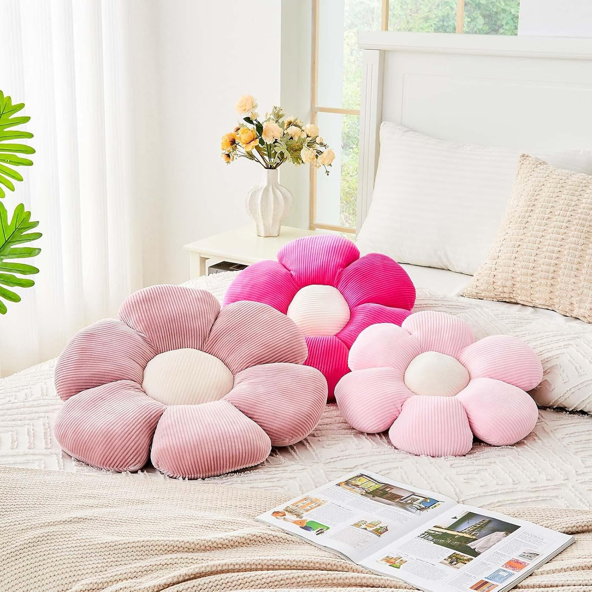 Dusty Pink Flower Pillow, 19.6" Cute Flower Shaped Floor Pillow, Aesthetic Floral Plush Daisy