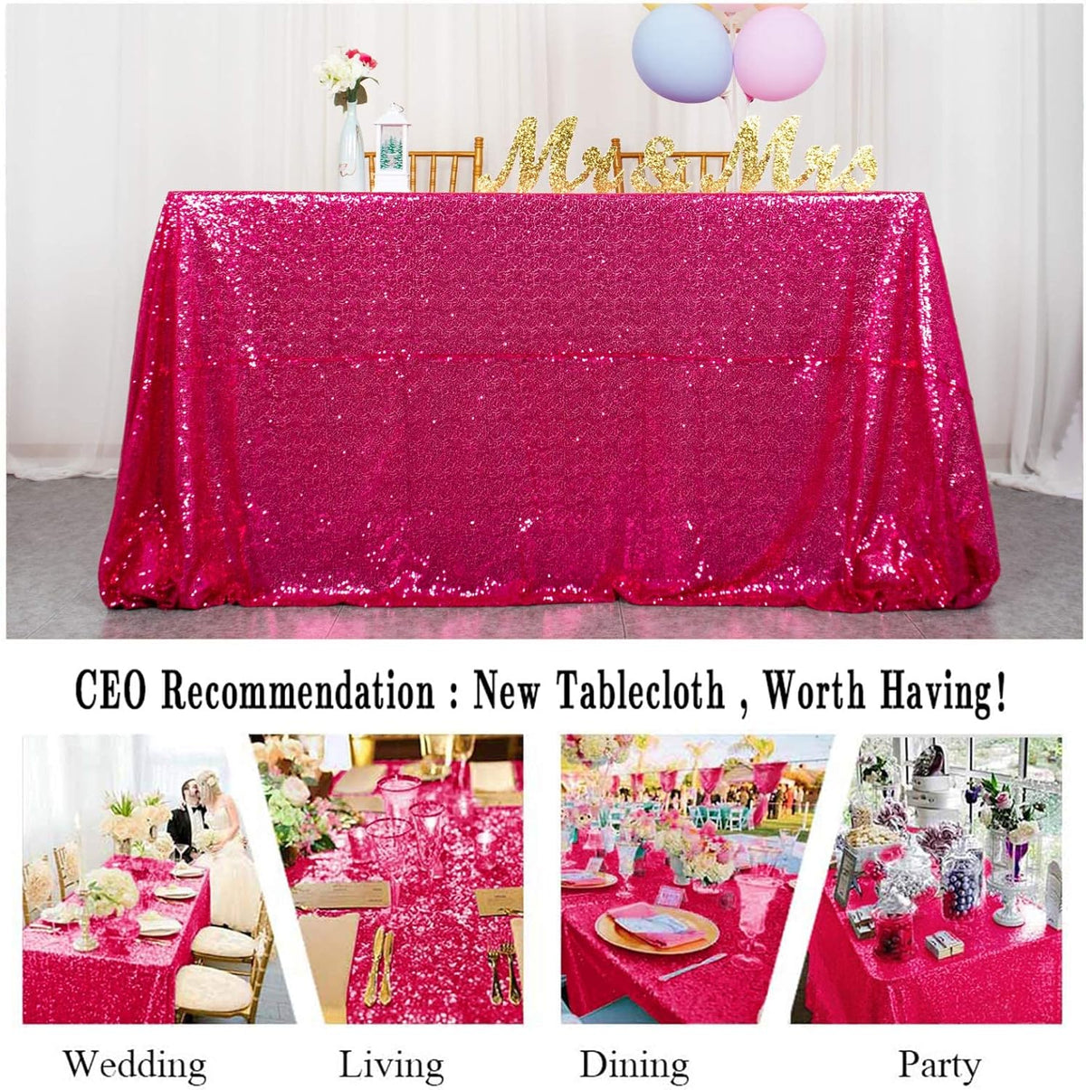 ShinyBeauty Sequin Tablecloth 72x72-Inch Hot Pink Square Sequin Table Cover Glitter Table Cloth for
