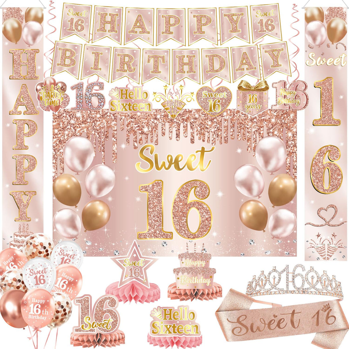 Sweet 16 Party Decorations – 16th Birthday Decorations Backdrop, Banner, Honeycomb Centerpieces