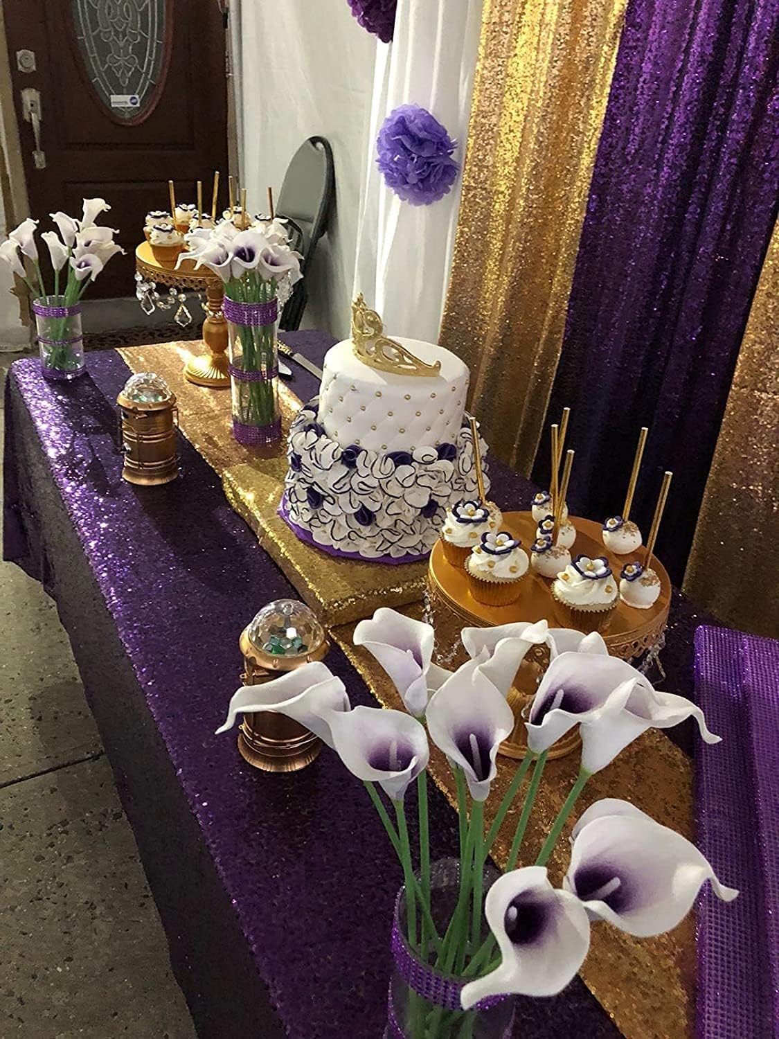 QueenDream Tablecloth 90x156 Rectangle Sequin Tablecloth Purple Wedding Table Linens Glitter