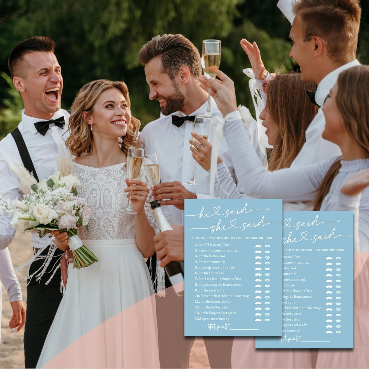 Minimalist Bridal Shower Games, Light Blue He Said She Said Game, 30 Wedding Bachelorette