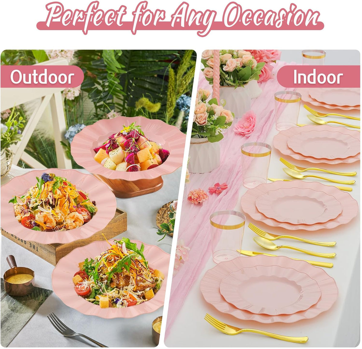 60Pcs Premium Pink Plastic Plates, Fancy Nice Disposable Plate, Elegant Wedding Plates Set include