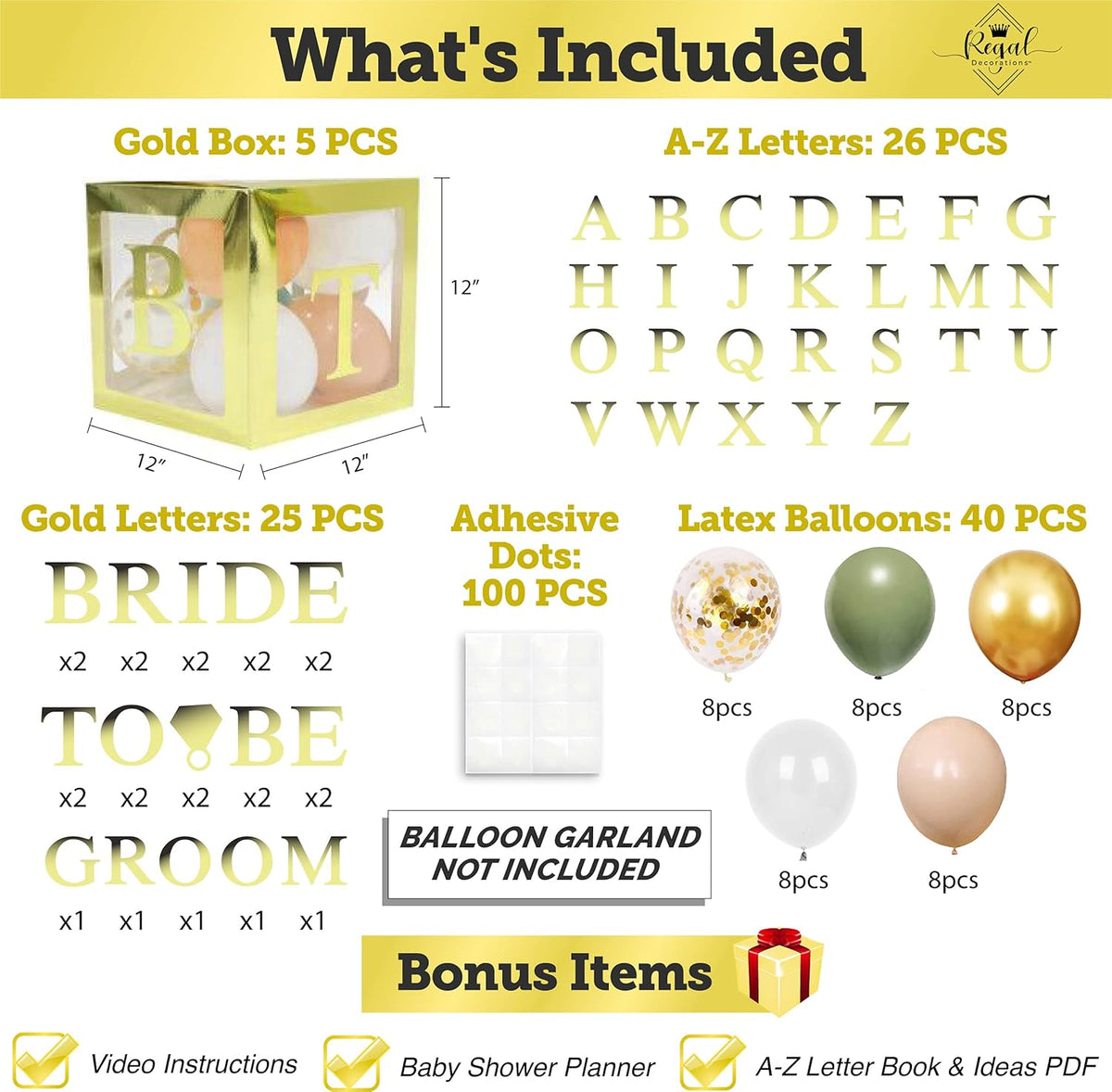 96 PC Bridal Shower Decorations Balloon Boxes Gold- Transparent Block with BRIDE TO BE + GROOM + A