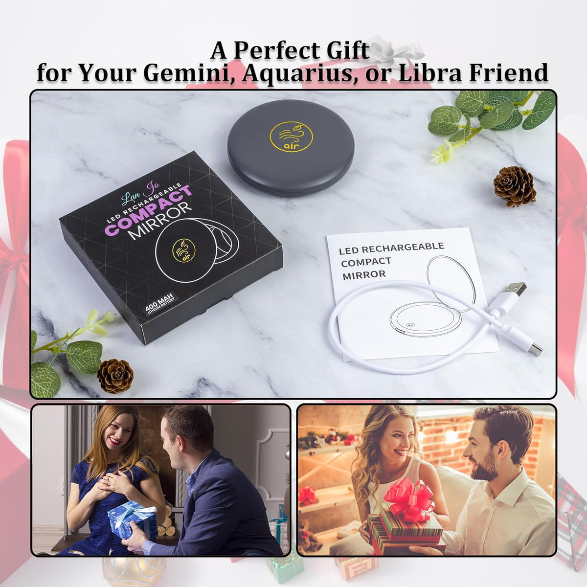 LanJo Lighted Compact Mirror with 1X/5X Magnification, Stepless Dimming & 3 Adjustable Light