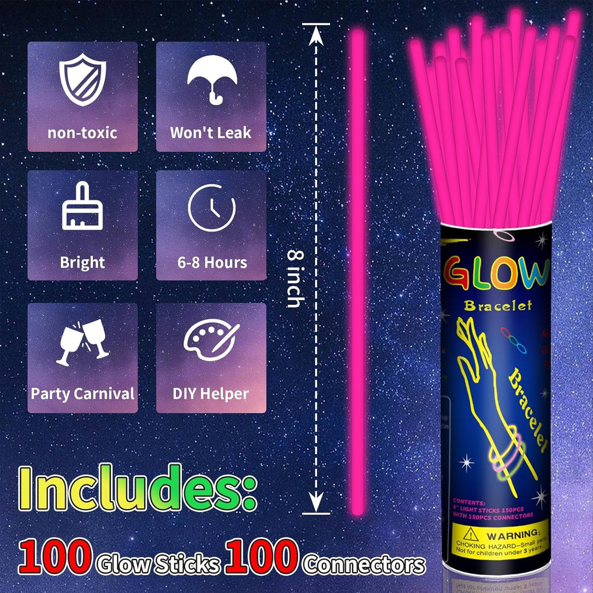 100 Pack 8” Pink Glow Sticks Bulk with 100 Connectors Neon Glow In The Dark Party favors Supplies