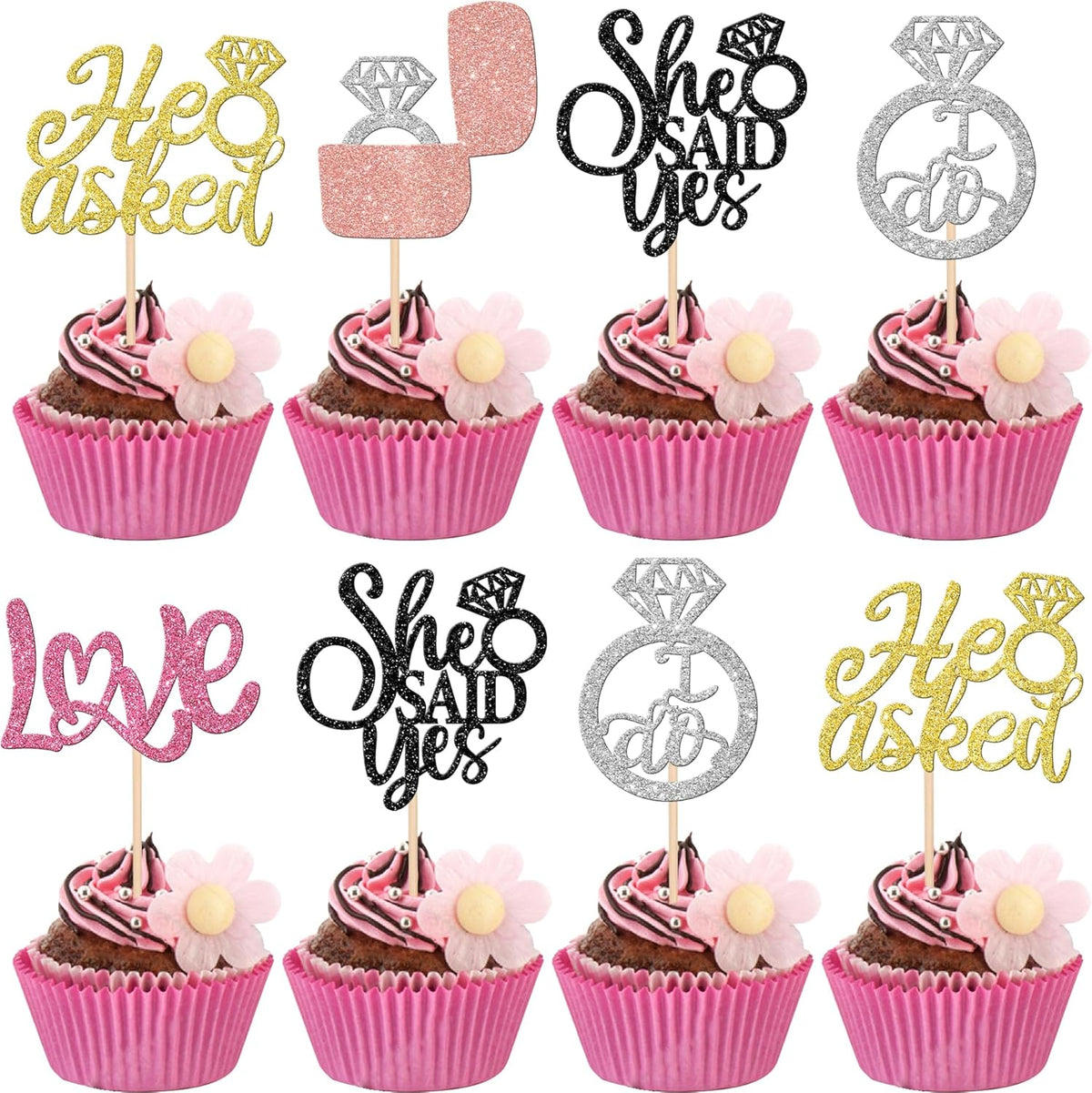 30 PCS He Asked She Said Yes Cupcake Toppers Diamond Ring Cupcake Picks Love I Do Bridal Shower