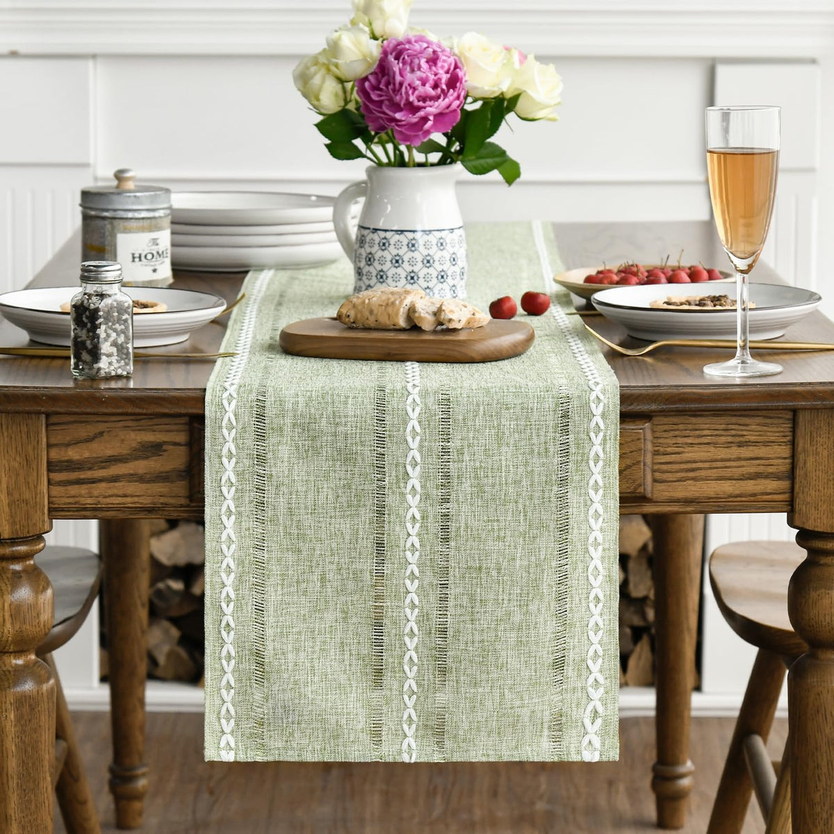 Artoid Mode Sage Green Rustic Cotton Linen Table Runner, Seasonal Embroidered Hollow Kitchen Dining