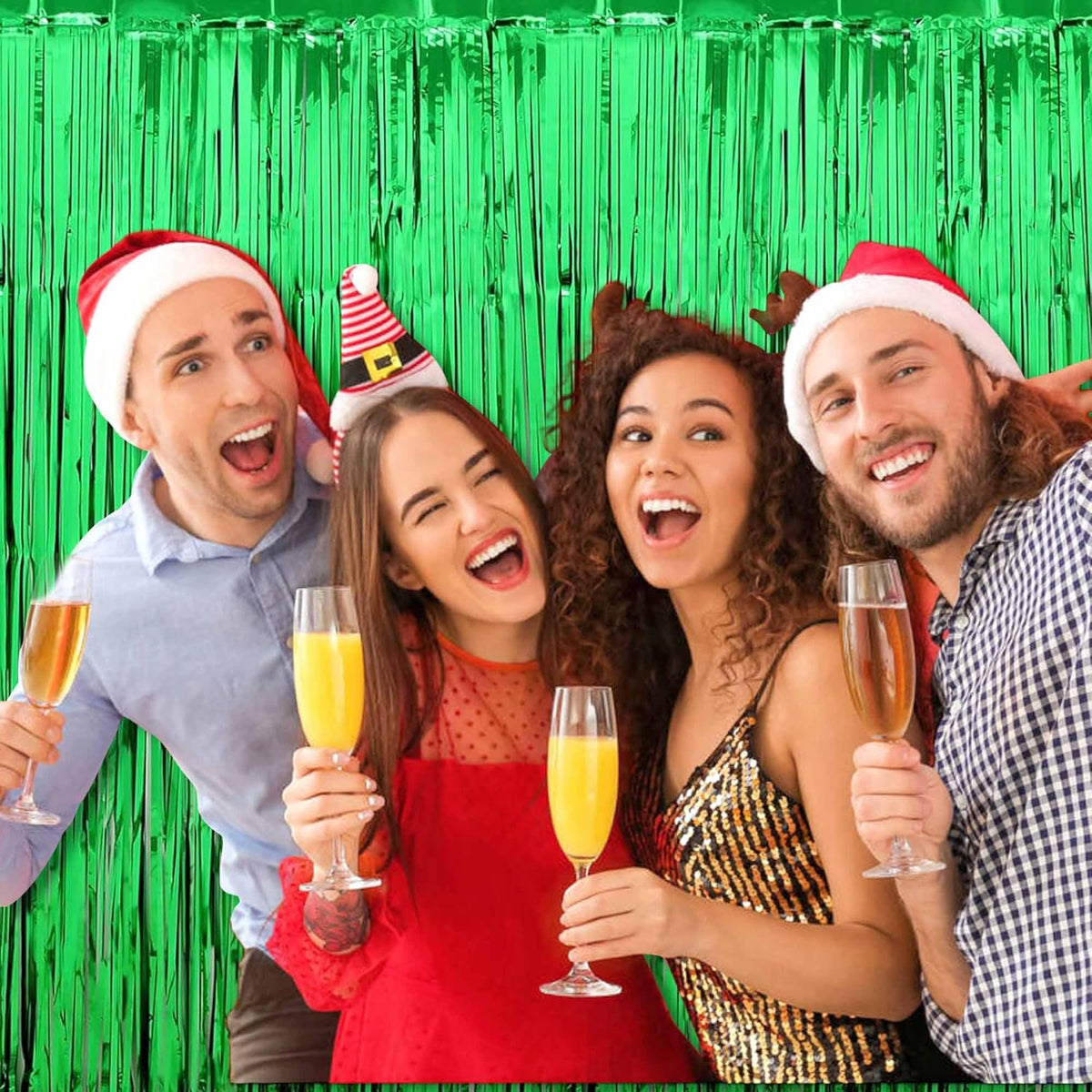 6 Pack Green Foil Fringe Curtains Backdrop, 3.28 x 8.2 Ft Metallic Streamers Tinsel Curtains