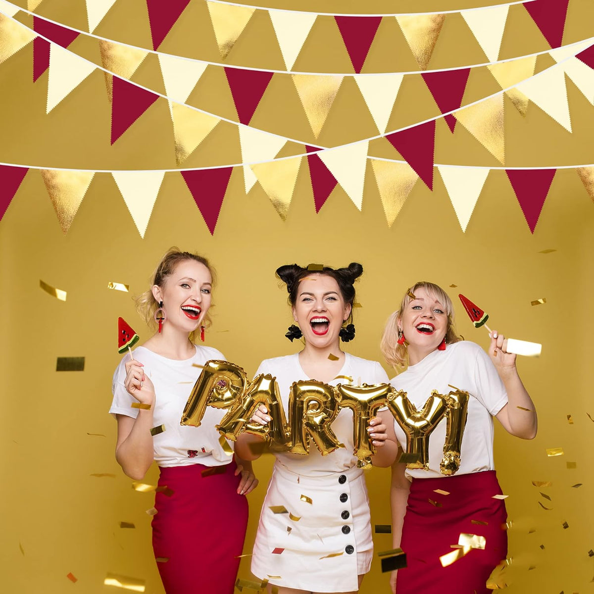 Burgundy Party Decorations Gold Maroon Beige Fabric Triangle Pennant Banner Garnet Flag Bunting