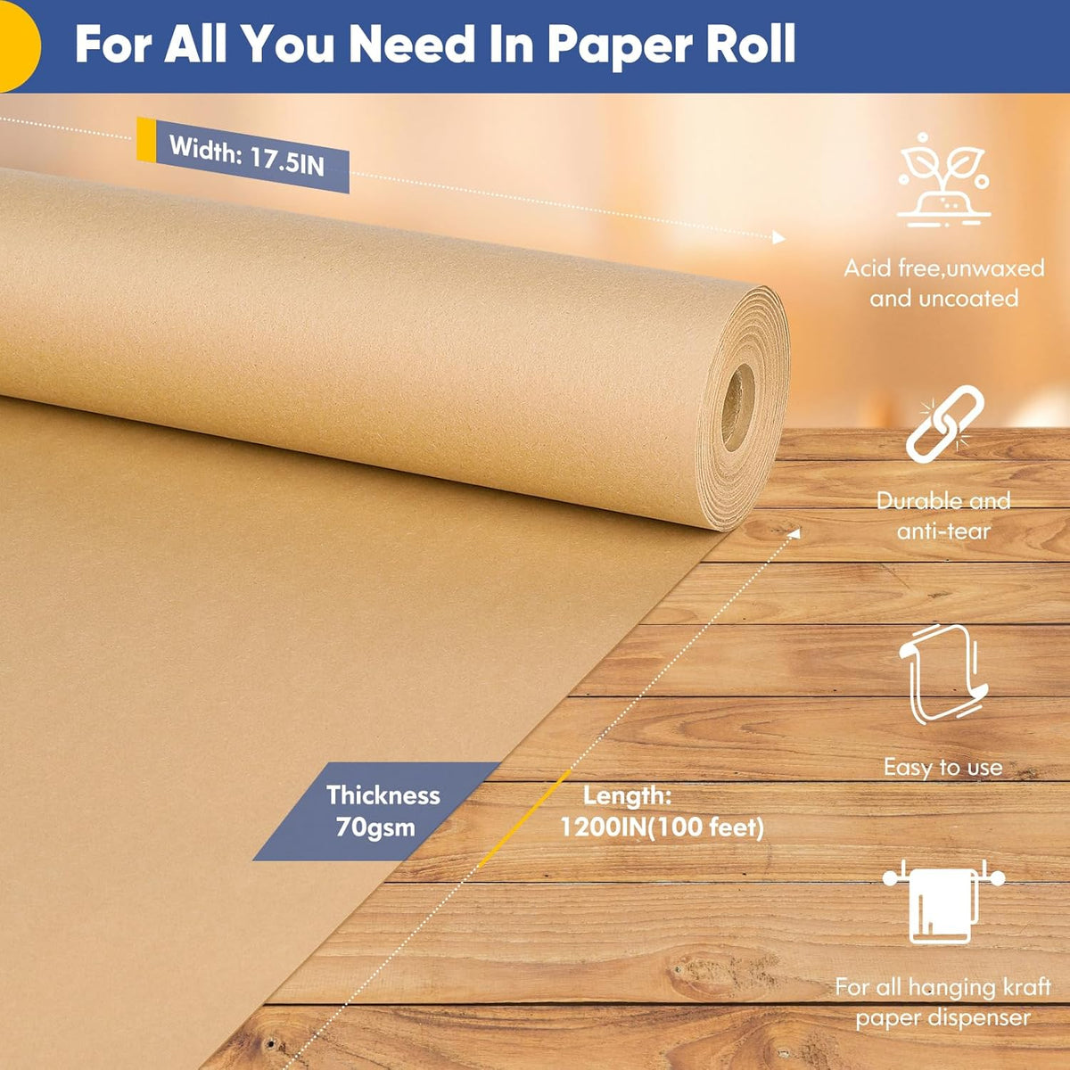 Vanhench Brown Wrapping Paper, Craft Kraft Paper 17.5"x 1200"(100') for Gift Wrapping Bulletin