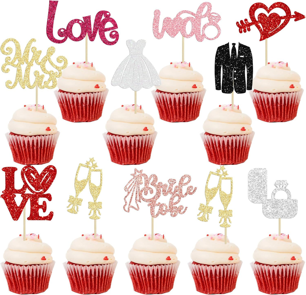 Ephlyn 30Pcs Bride to be Cupcake Toppers Glitter Wedding Cake Topper Decorations I Do Love Heart