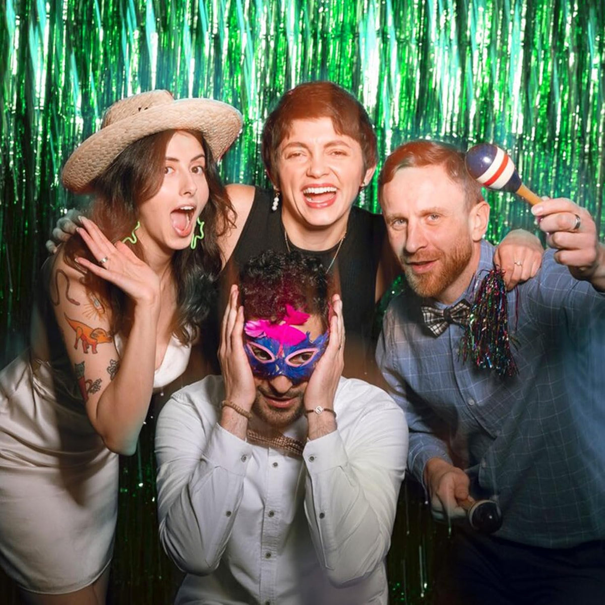 5 Pack Foil Curtain Backdrop Green Metallic Tinsel Foil Fringe Curtains Photo Booth Props for