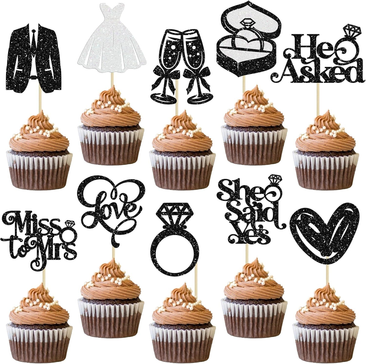 Gyufise 30Pcs She Said Yes Cupcake Toppers Glitter Diamond Ring I Do Love Cupcake Picks Miss to Mrs