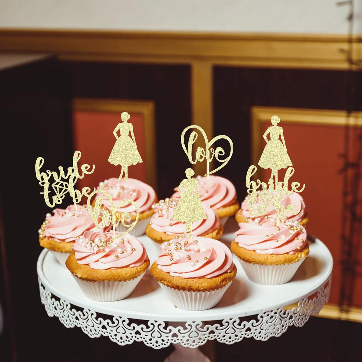 Sotpot 24PCS Bride to Be Cupcake Toppers with Heart Gold Glitter Dress Bridal Shower Cupcake Picks