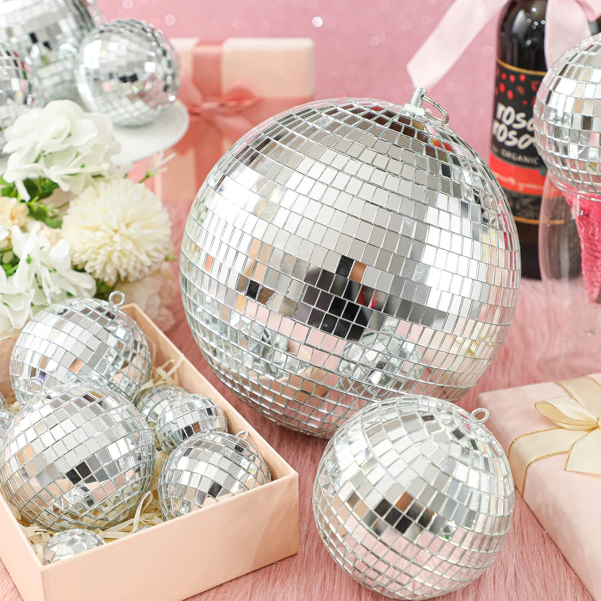 Haull 8 Pcs Large Disco Ball Set Silver Mirror Disco Reflective Ball with Hanging Ring Party
