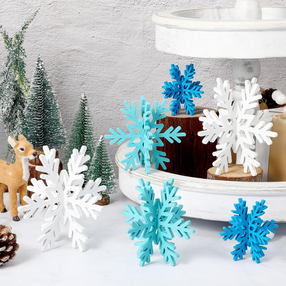 Bucherry 12 Pcs Wooden Snowflake Table Decor 3D Snowflake Tabletop Signs and Centerpiece for