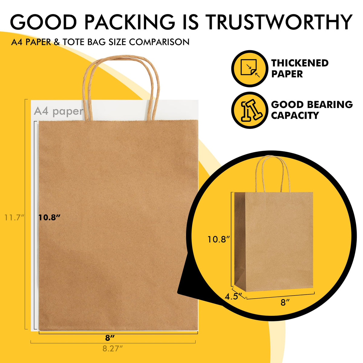 RACETOP Brown Kraft Gift Paper Bags 100 Pack 8x4.5x10.8 in with Handles