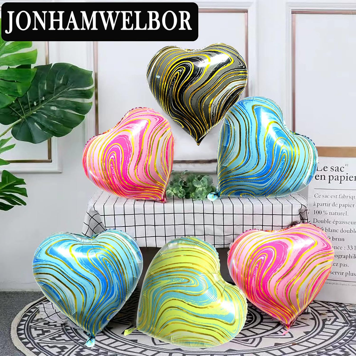 Jonhamwelbor 20Pcs 18 inch Marble Black Foil Mylar Heart Shape Balloons Decorations Valentines