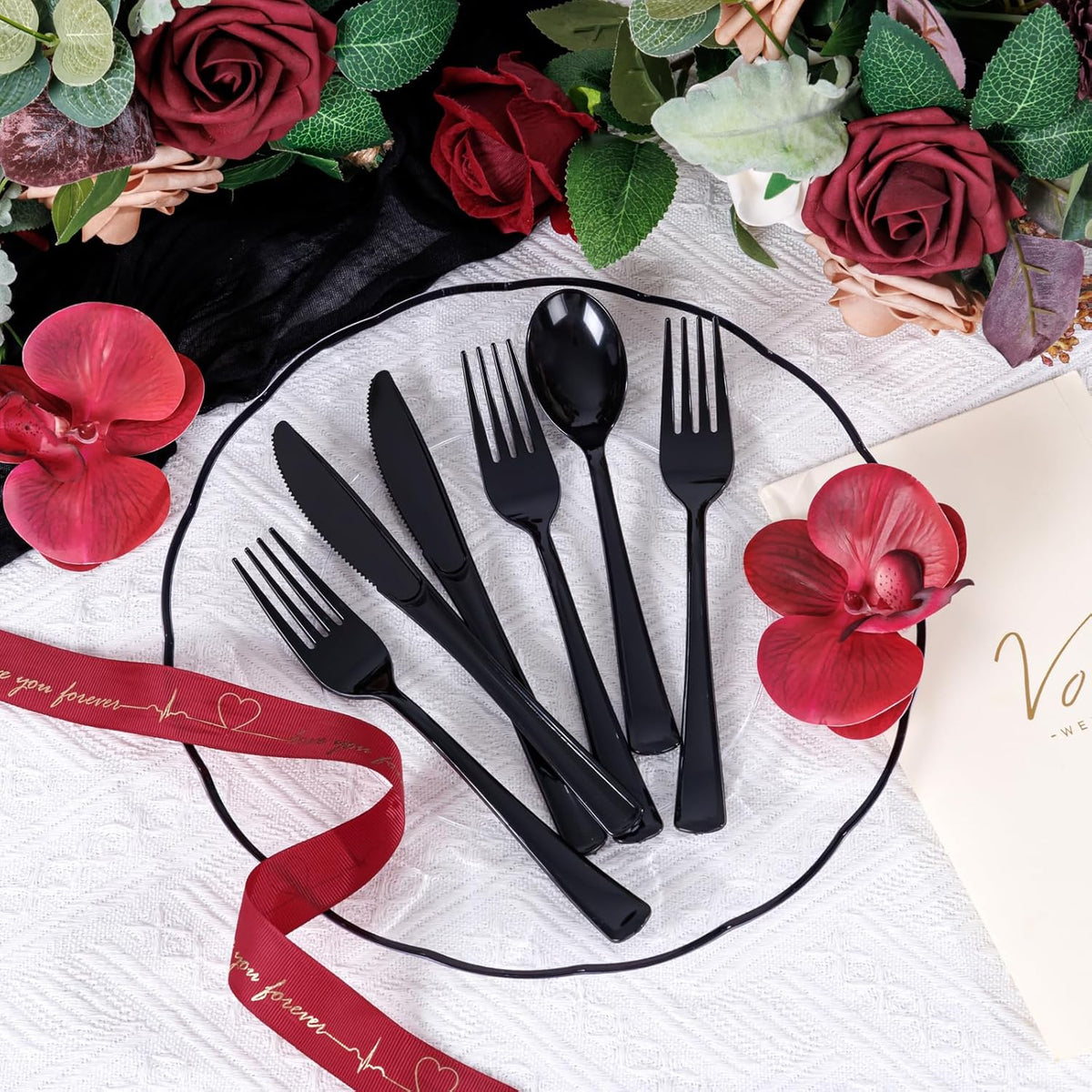 Supernal 300 Pieces Black Plastic Silverware Disposable Cutlery Black Disposable Silverware Heavy