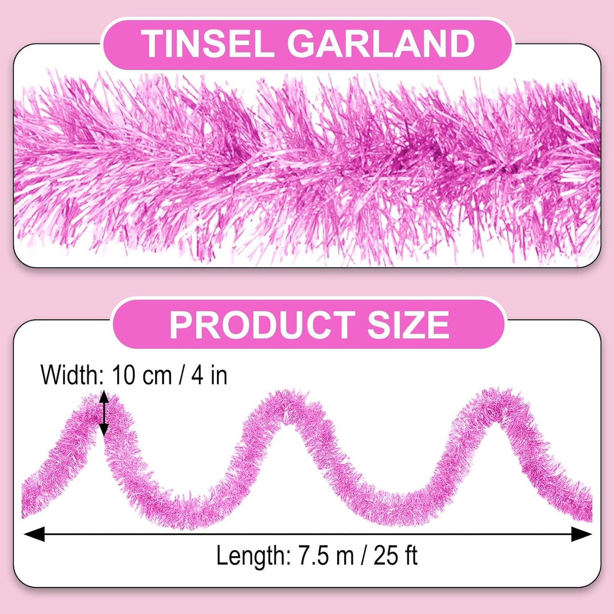 25 Feet Macaron Pink Christmas Tinsel Garland, Metallic Foil Twist Garland Wall Hanging Tinsel