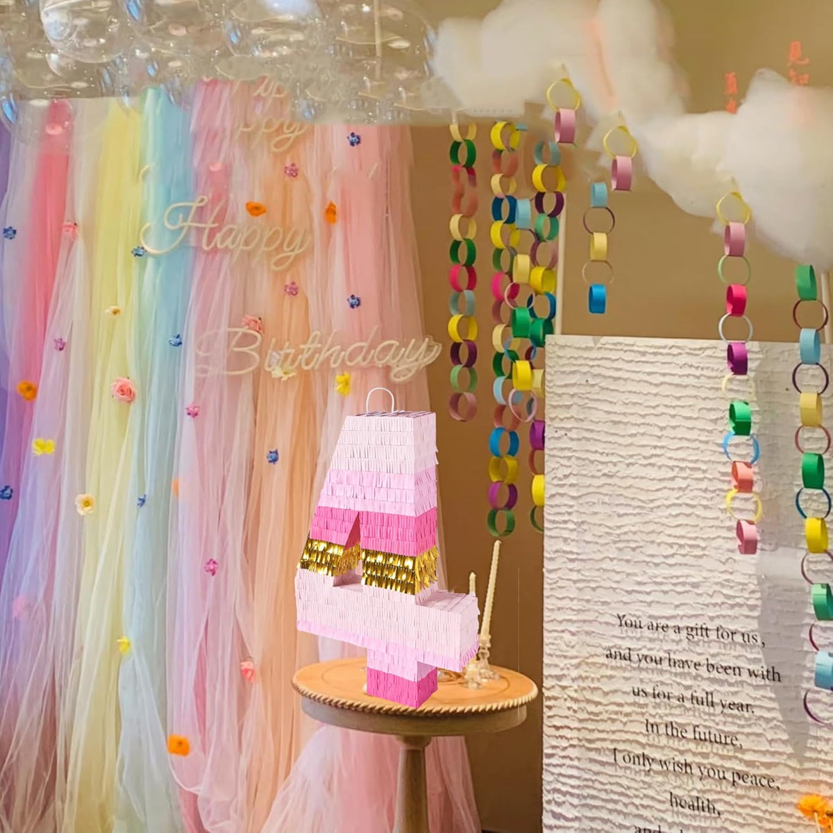 PCFING 20 Inch Number 4 Piñata Pink Gold with 30 Inch Piñata Stick Blindfold Confetti for Boys