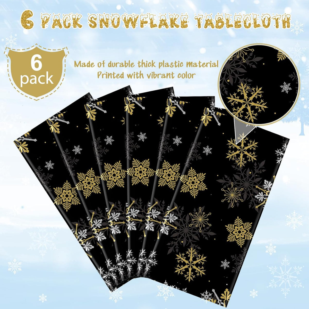 6Pcs Christmas Snowflake Party Tablecloths Decorations,Plastic Black and Gold Table Cloth,Winter