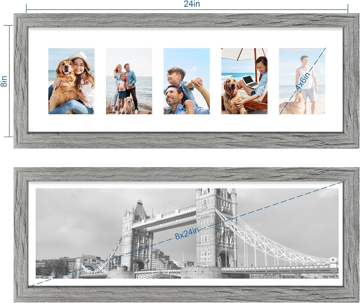 8x24 Picture Frame 2 Pack, Rustic Grey Wood Frame with Tempered Glass, Display Pictures Multiple