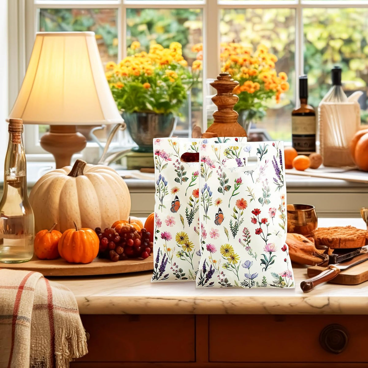 100 Pcs Wildfloral Gift Bags Vintage Wildflower Party Favor Bag with Handle Wildfloral Plastic