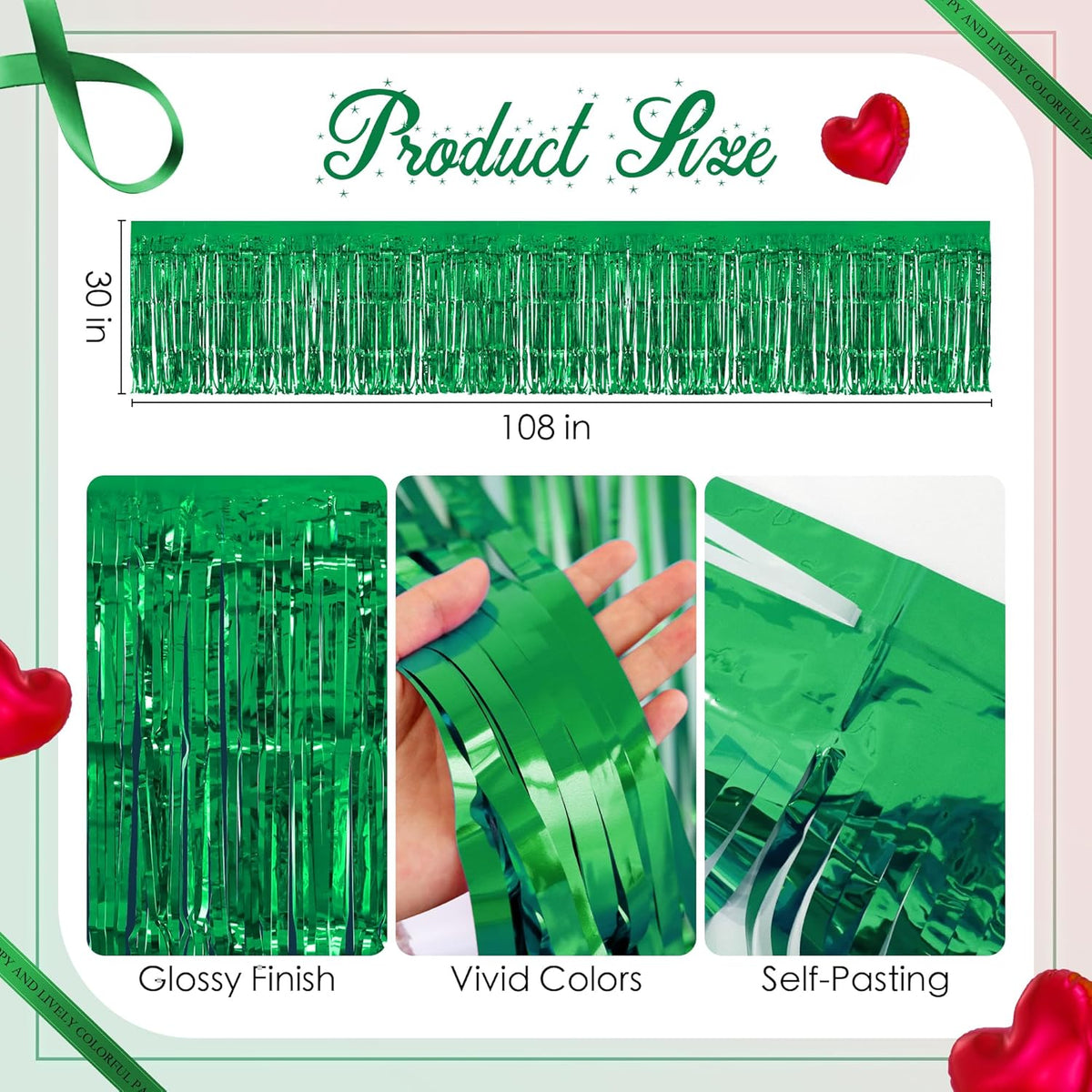 2 Pack Red Green Table Skirts, 29x108" Metallic Foil Tinsel Fringe Table Skirt for Rectangle Tables