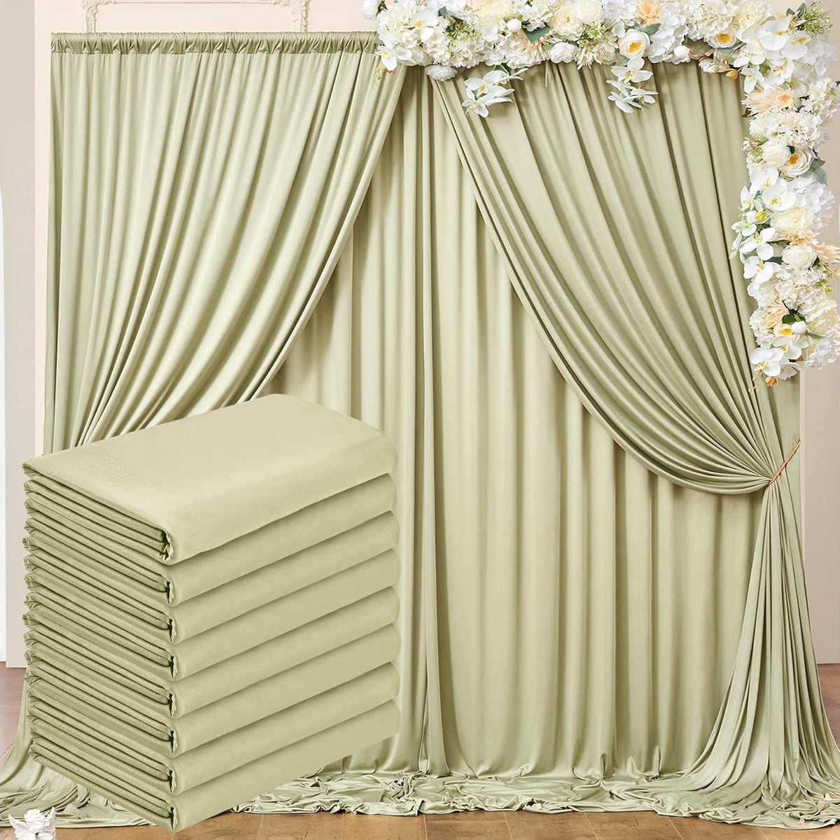 40 ft x 10 ft Wrinkle Free Sage Green Backdrop Curtain for Parties, Thick Green Polyester Photo