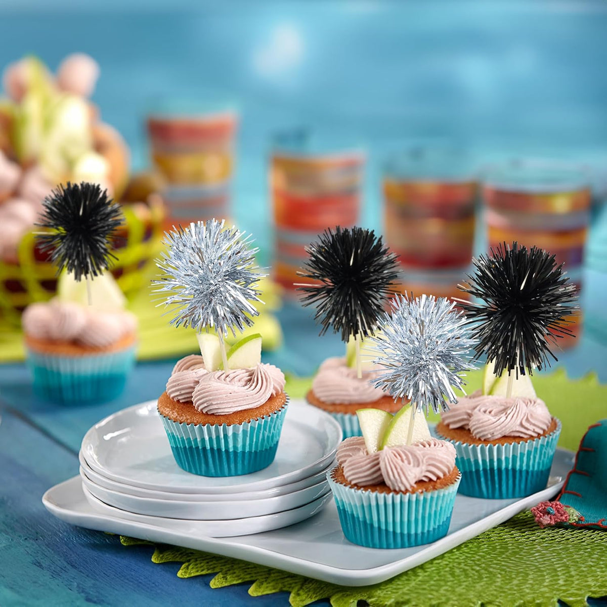 Gyufise 30Pcs Foil Firework Cupcake Toppers Sparkle Tinsel Cake Toppers Tinsel Drink Cake