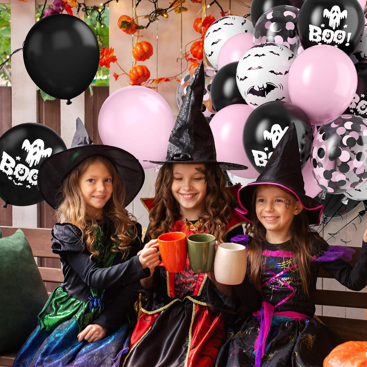 FunHot Halloween Party Balloons, 60Pcs Pink Black Halloween Balloon, 12 Inch Black Pink Confetti